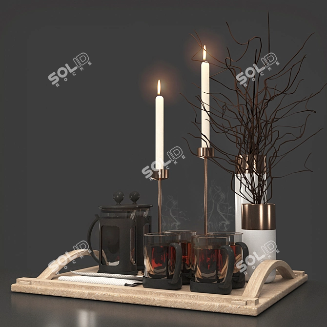 Herbal Infusion Delight: Tea Set with Vase 3D model image 2