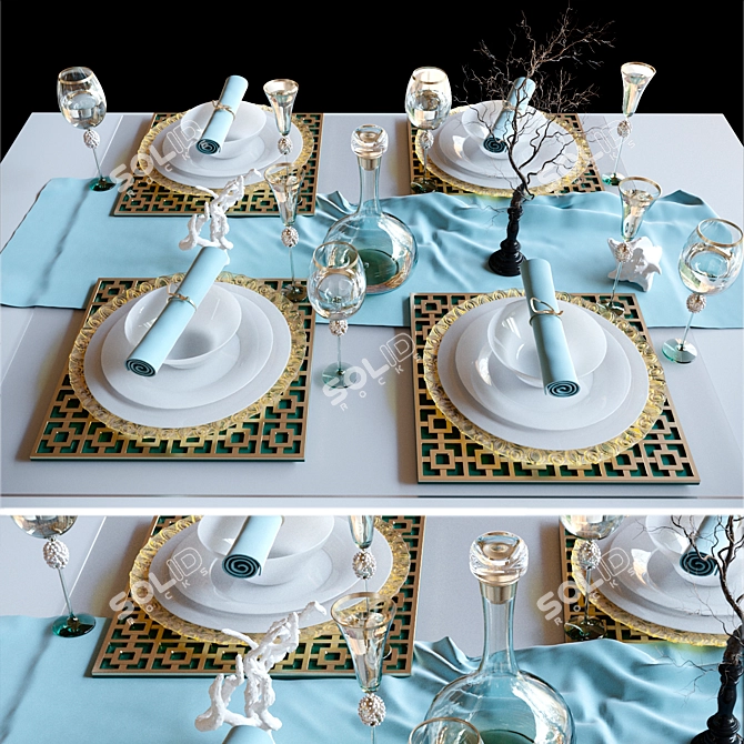 Elegant 3-Piece Table Setting: Crockery, Crystal, Gold 3D model image 2