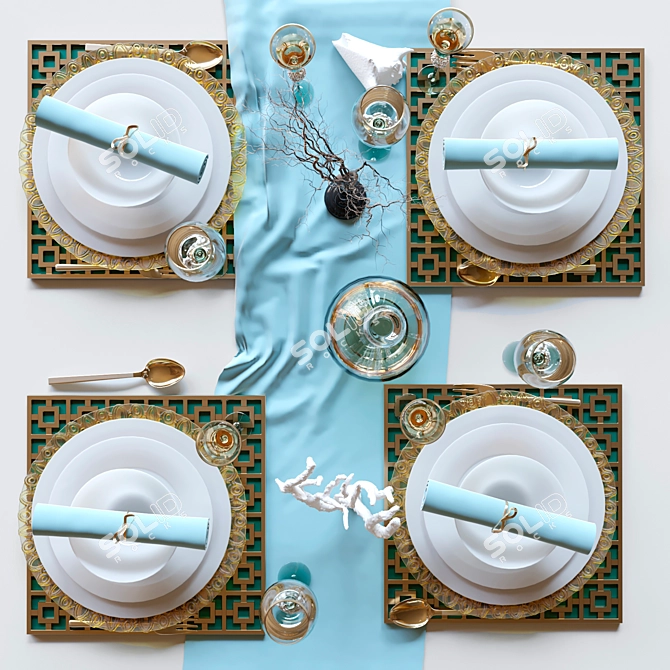 Elegant 3-Piece Table Setting: Crockery, Crystal, Gold 3D model image 4