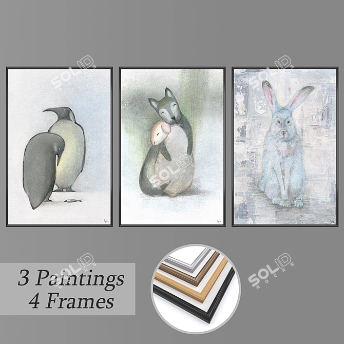 Versatile Set of Wall Paintings with Frames 3D model image 1