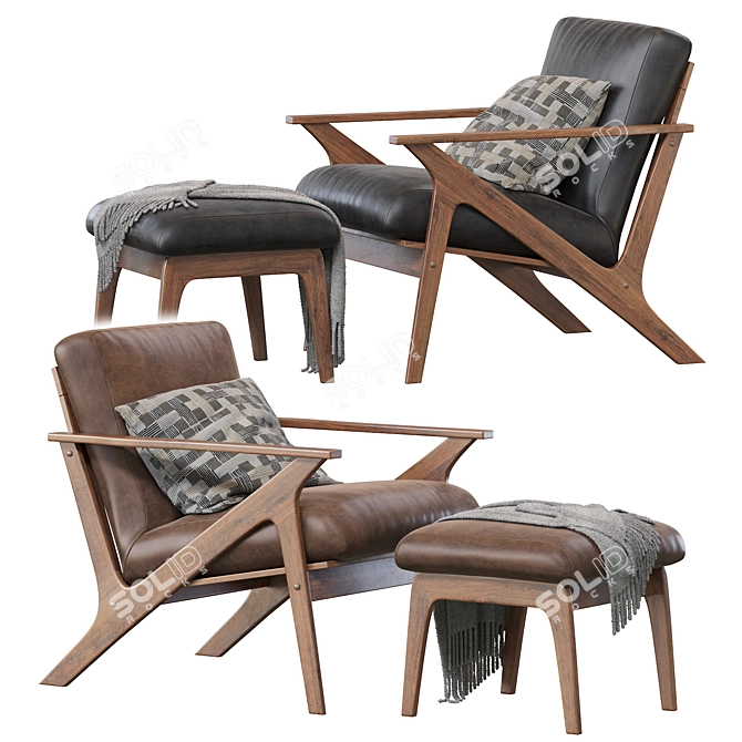 Mid-Century Lounge Chair + Ottoman: Walnut & Faux Leather 3D model image 1