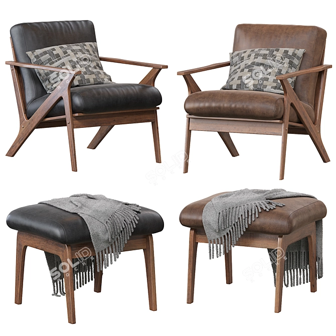 Mid-Century Lounge Chair + Ottoman: Walnut & Faux Leather 3D model image 2