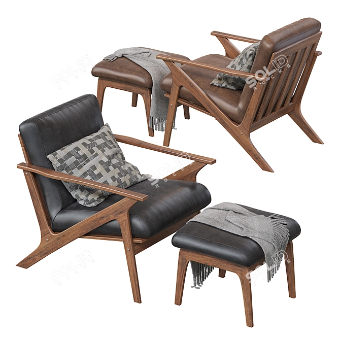 Mid-Century Lounge Chair + Ottoman: Walnut & Faux Leather 3D model image 3