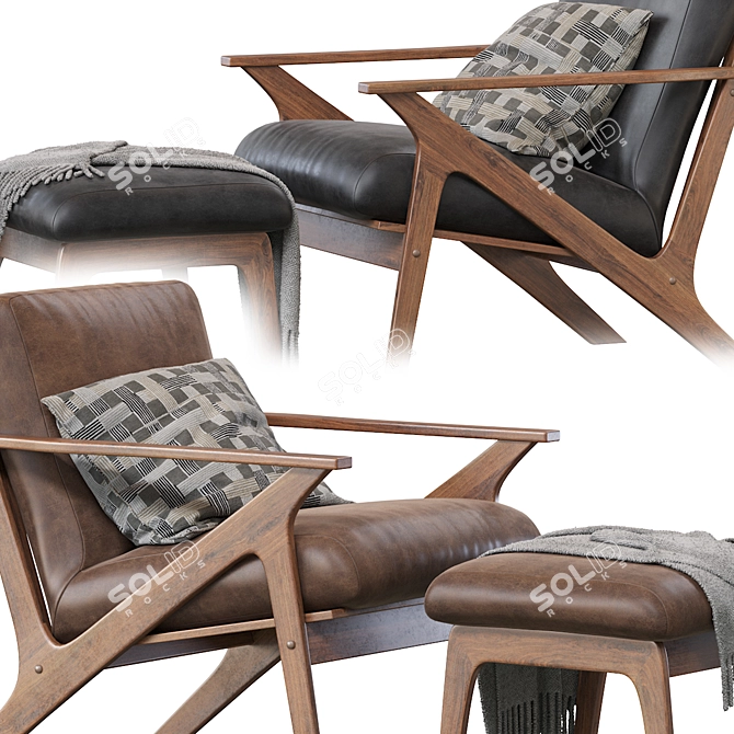 Mid-Century Lounge Chair + Ottoman: Walnut & Faux Leather 3D model image 4