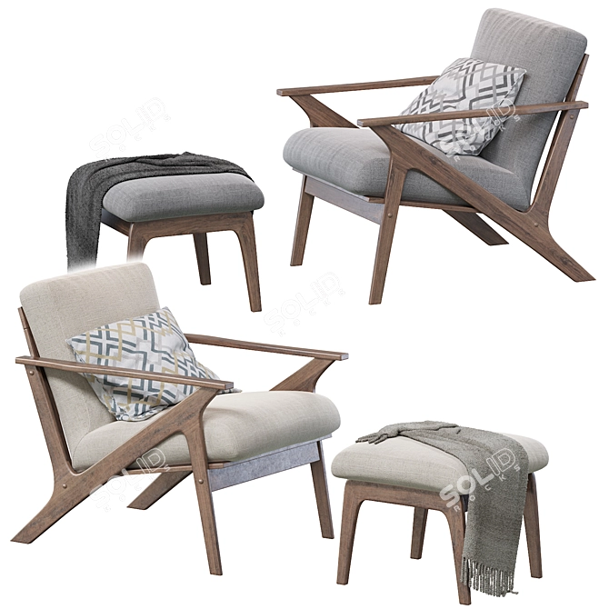 Retro Lounge Chair Set: Walnut Wood & Faux Leather 3D model image 1