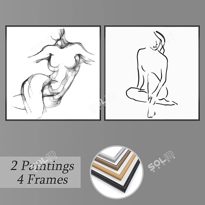 Modern Art Set: 2 Paintings, 4 Frames 3D model image 1