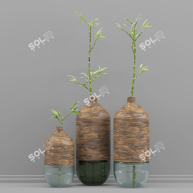 Natural Wood & Glass Vase Set 3D model image 1
