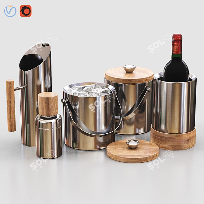 Elegant Nickel & Wood Barware 3D model image 1