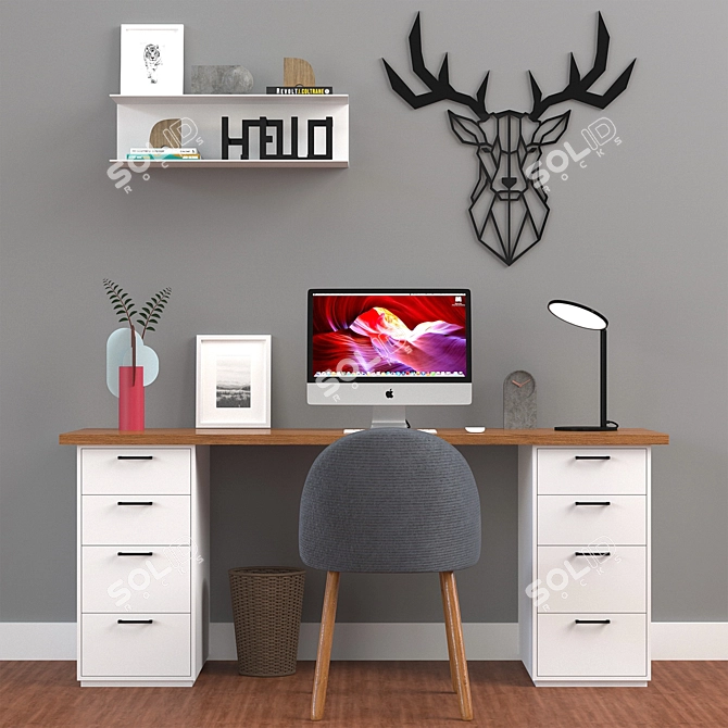 Minimalist Office Set with Desk, Chair, and iMac 3D model image 1