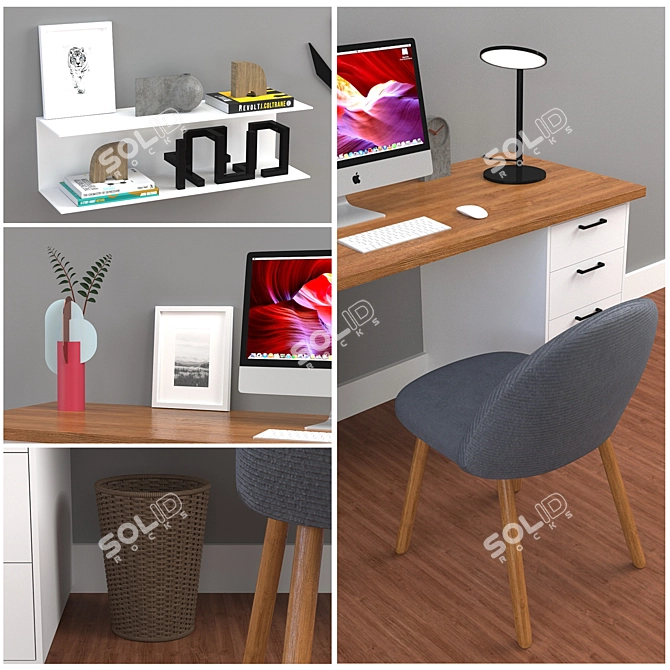 Minimalist Office Set with Desk, Chair, and iMac 3D model image 2