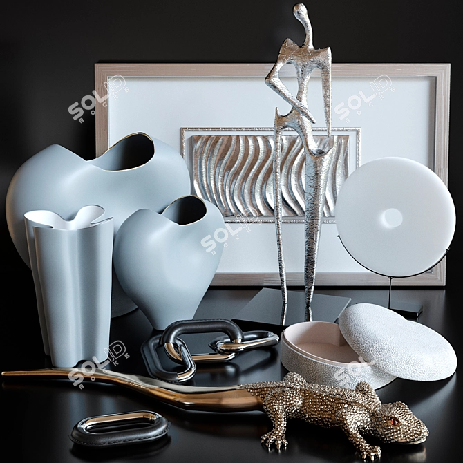 Gold Lizard Decor Set: Panel, Sculpture, Figurine, Vase. 3D model image 1