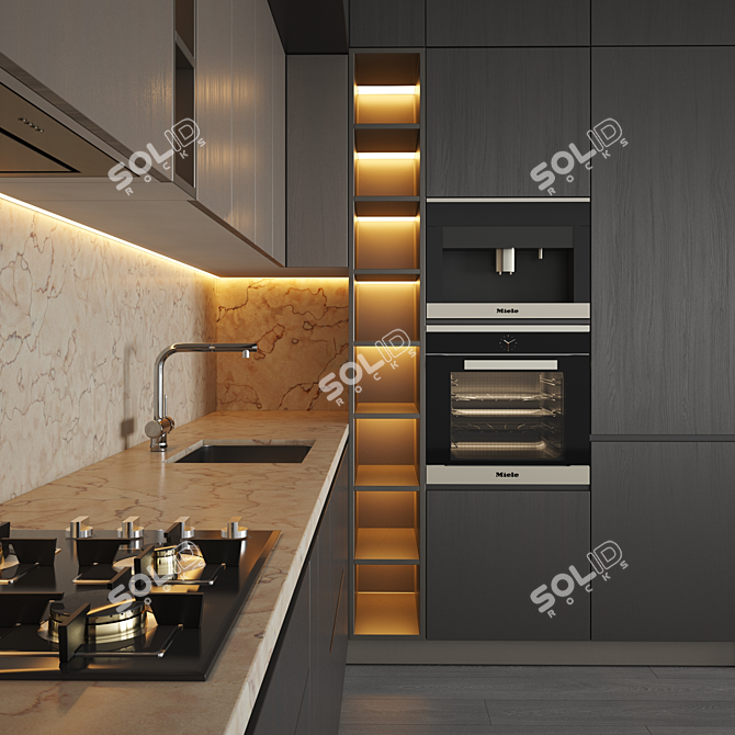 Modern Kitchen Set with Gas Hob, Sink, Oven, and Hood 3D model image 4