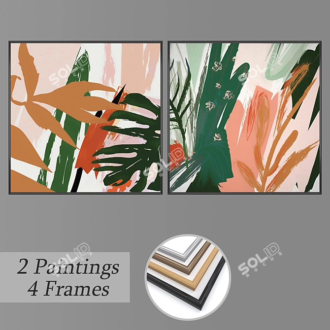 Modern Art Set: 2 Paintings + 4 Frame Options 3D model image 1
