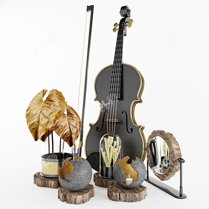 Elegant Decorative Set: Violin, Fiddlestick, Leaf & Coal, Candles, Mirror 3D model image 2