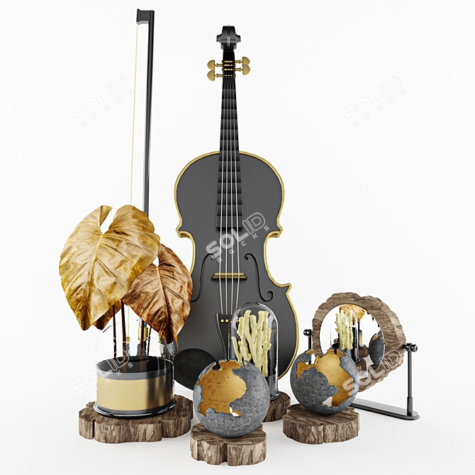 Elegant Decorative Set: Violin, Fiddlestick, Leaf & Coal, Candles, Mirror 3D model image 3