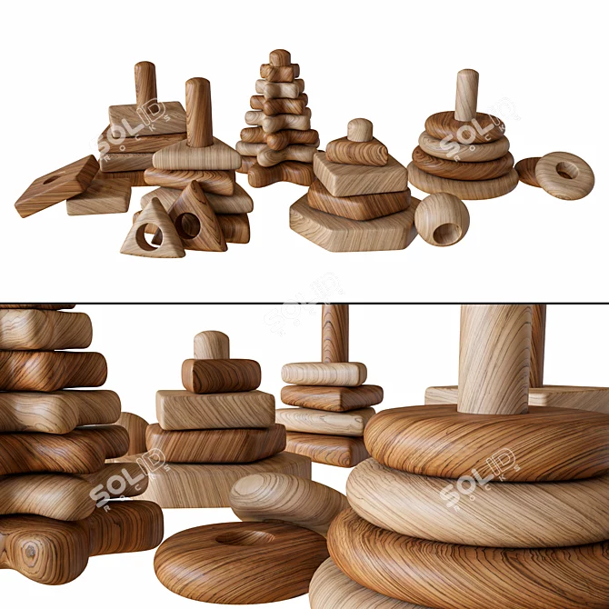 Title: Wooden Pyramid Toy Set 3D model image 1