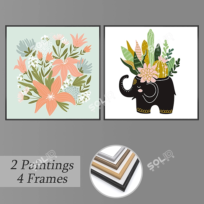 Artful Ensembles: Two Paintings, Four Frame Options 3D model image 1