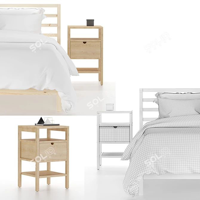 Scandinavian Pine Bed Frame & Bamboo Bedside Table 3D model image 3
