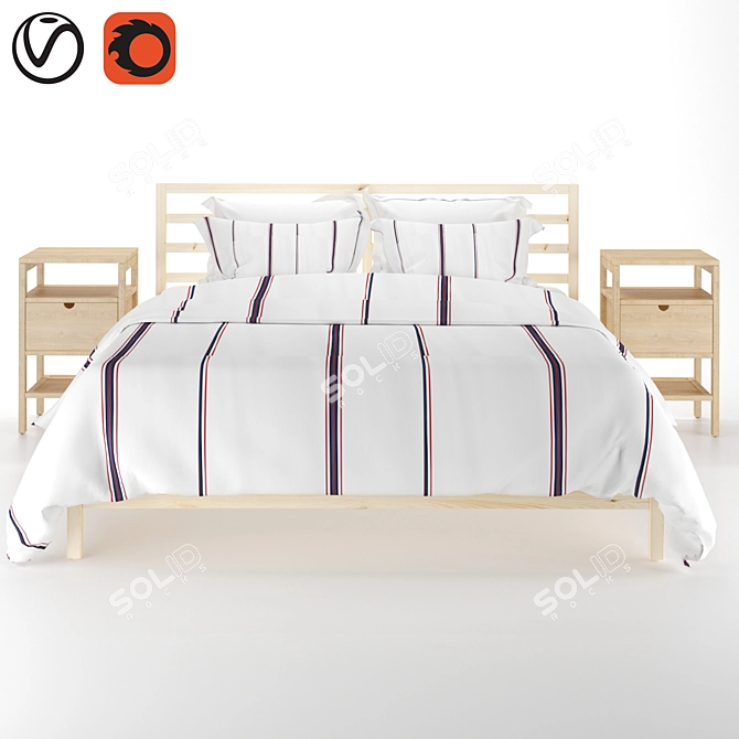 Scandinavian Pine Bed Frame & Bamboo Bedside Table 3D model image 5