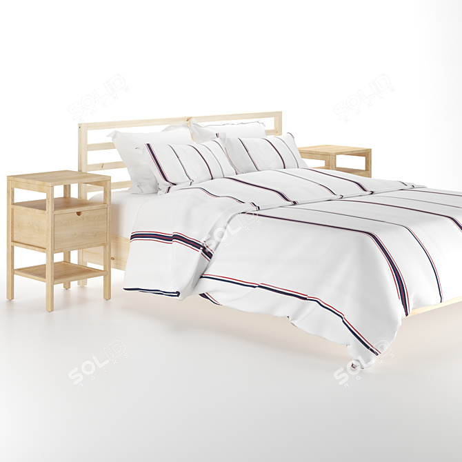 Scandinavian Pine Bed Frame & Bamboo Bedside Table 3D model image 6