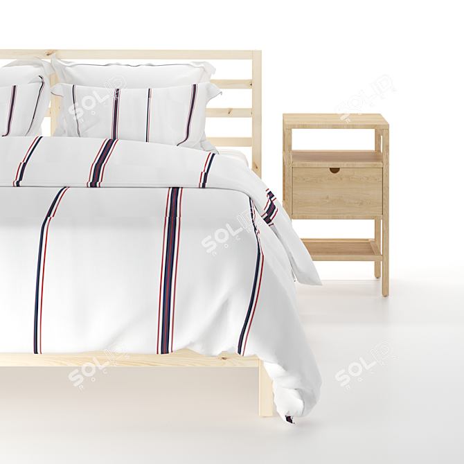 Scandinavian Pine Bed Frame & Bamboo Bedside Table 3D model image 8