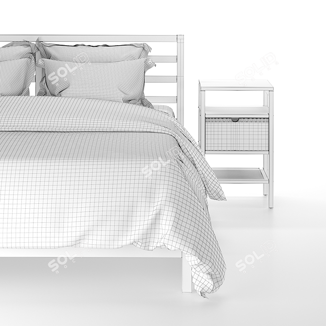 Scandinavian Pine Bed Frame & Bamboo Bedside Table 3D model image 9
