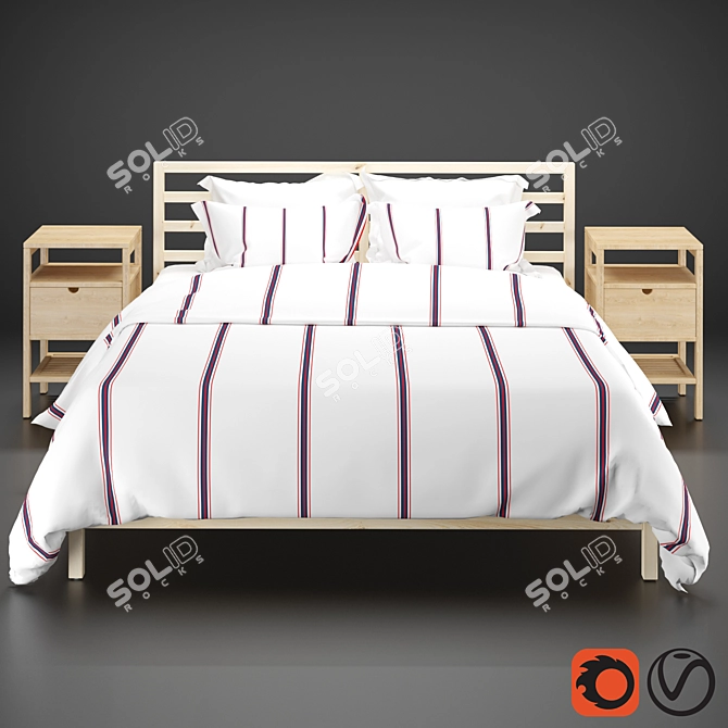 Scandinavian Pine Bed Frame & Bamboo Bedside Table 3D model image 15
