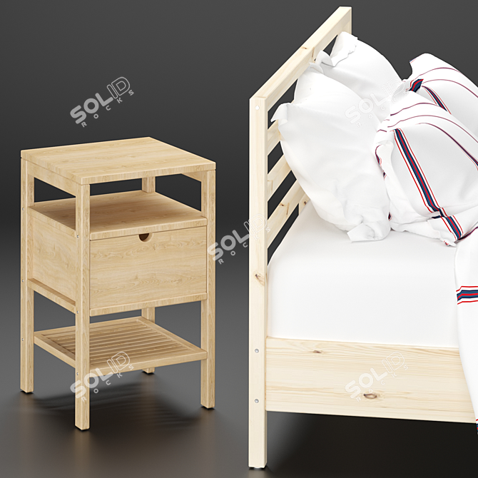 Scandinavian Pine Bed Frame & Bamboo Bedside Table 3D model image 17