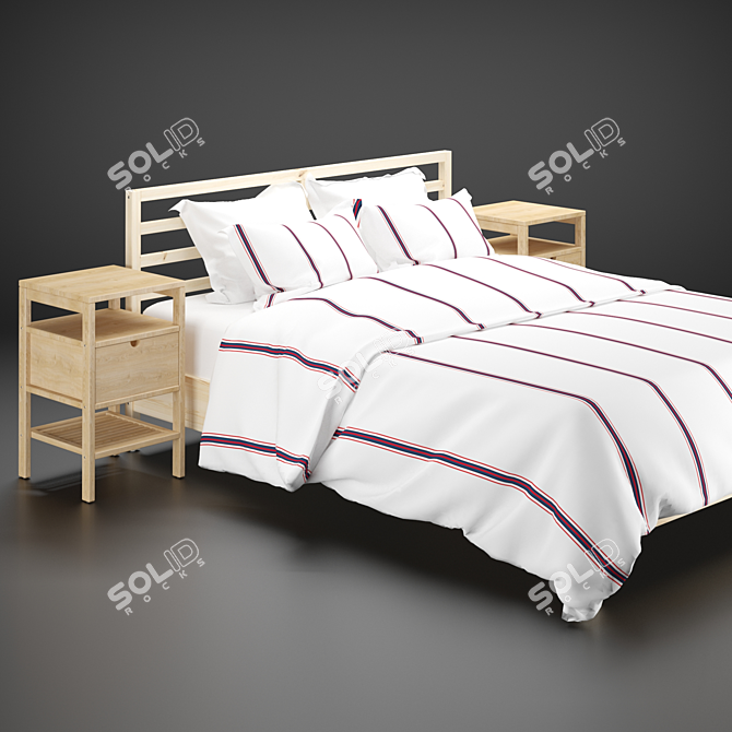 Scandinavian Pine Bed Frame & Bamboo Bedside Table 3D model image 18