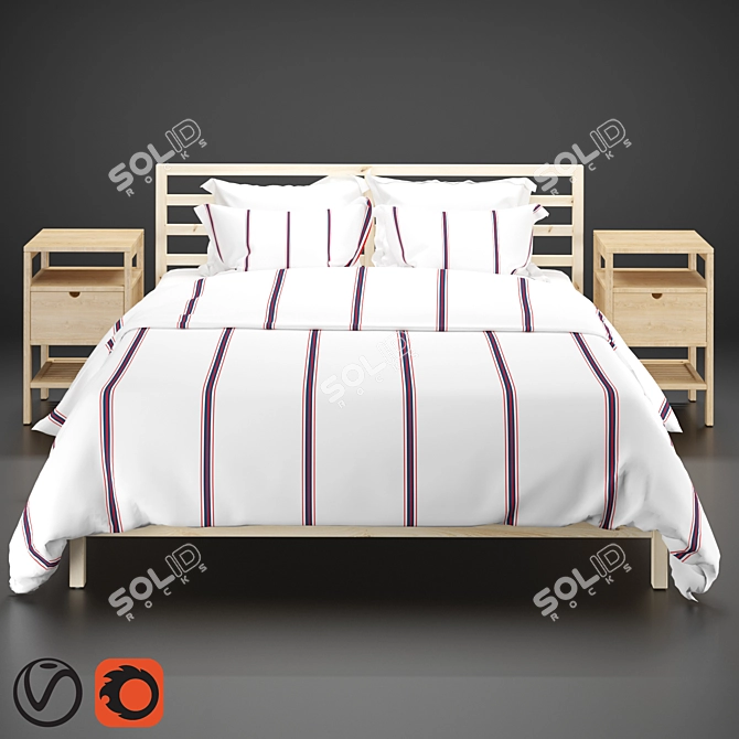 Scandinavian Pine Bed Frame & Bamboo Bedside Table 3D model image 20