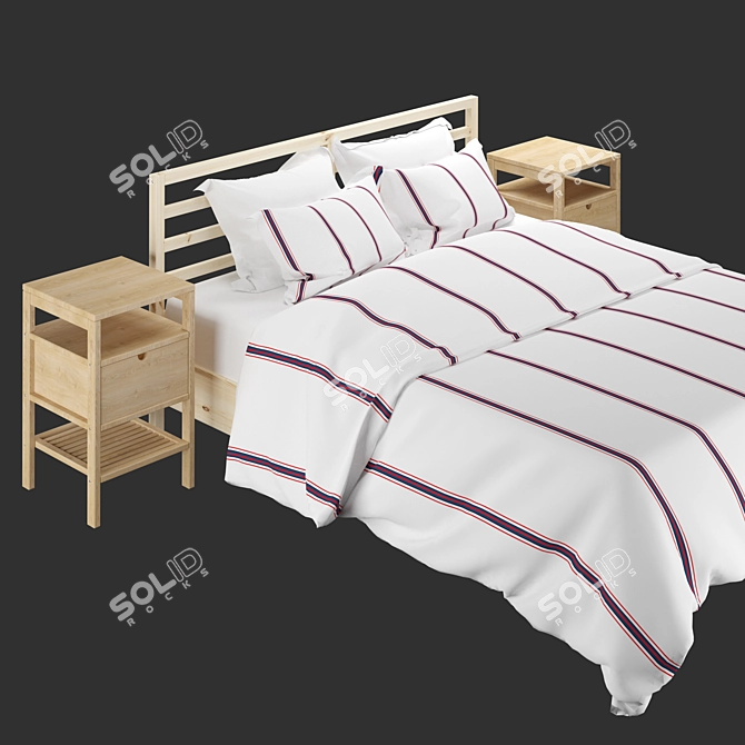 Scandinavian Pine Bed Frame & Bamboo Bedside Table 3D model image 23