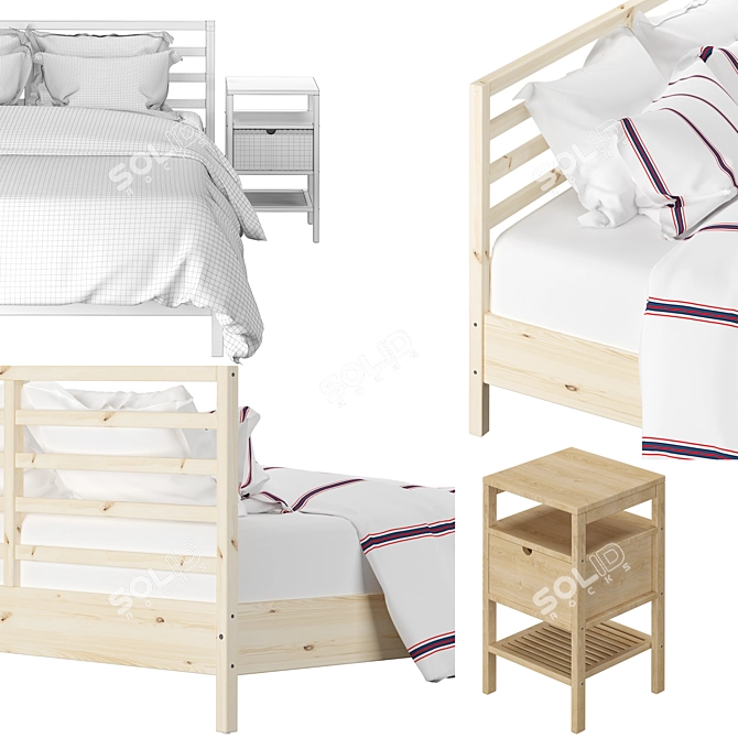 Scandinavian Pine Bed Frame & Bamboo Bedside Table 3D model image 24