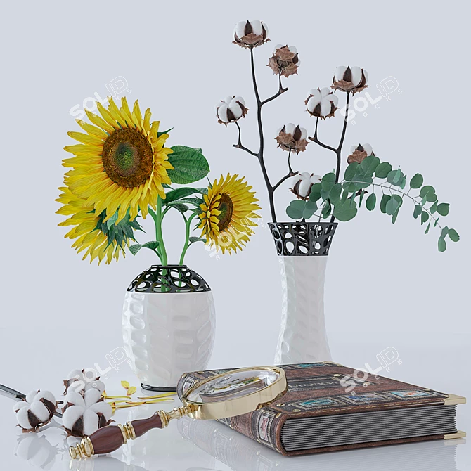 Sunflower and Cotton Decor Set 3D model image 1