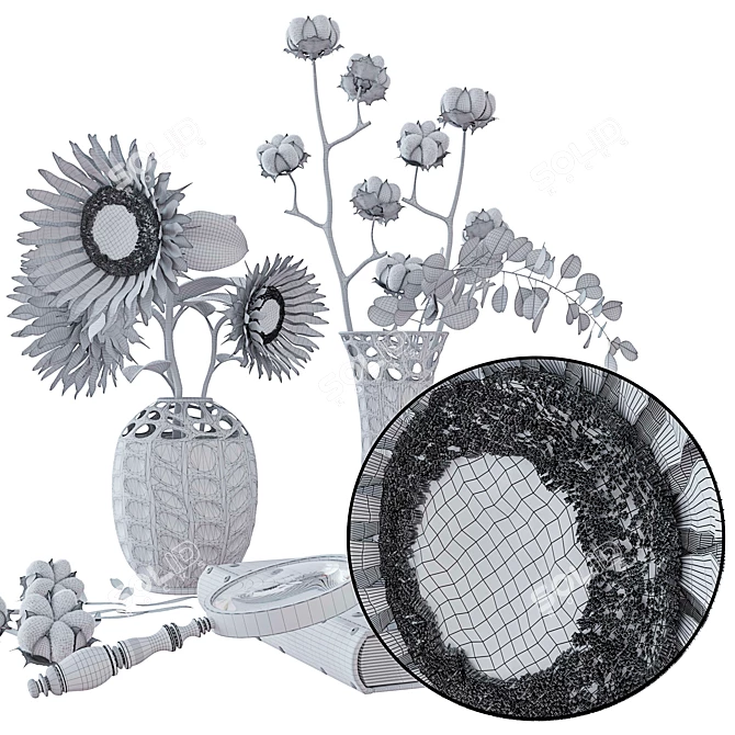 Sunflower and Cotton Decor Set 3D model image 3