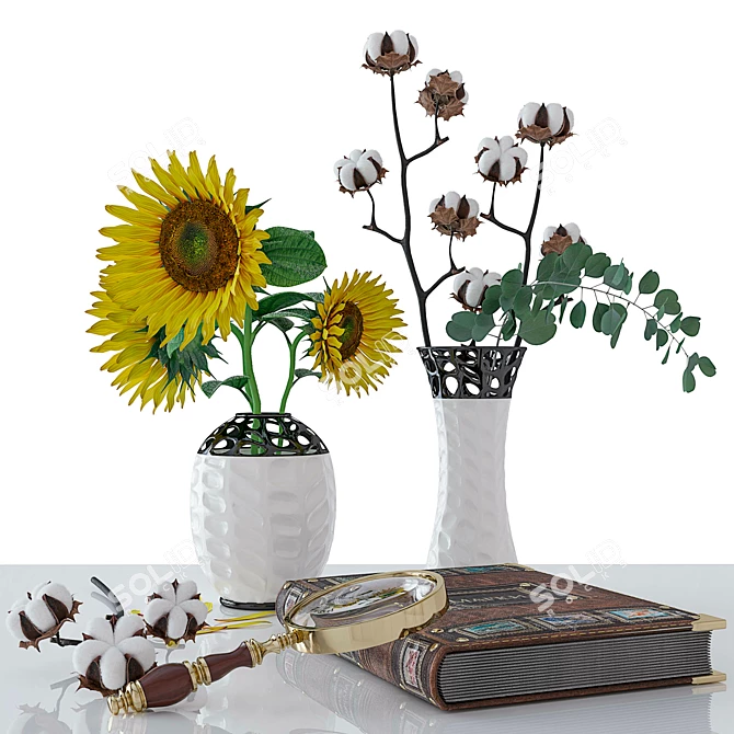 Sunflower and Cotton Decor Set 3D model image 4