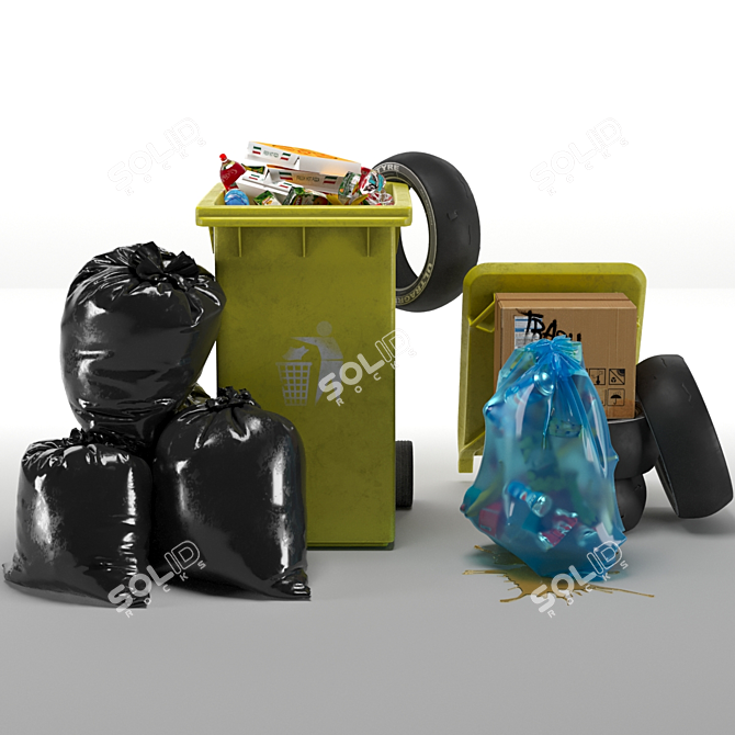 3-Piece Garbage Set: Bag, Bin & Trashes 3D model image 1