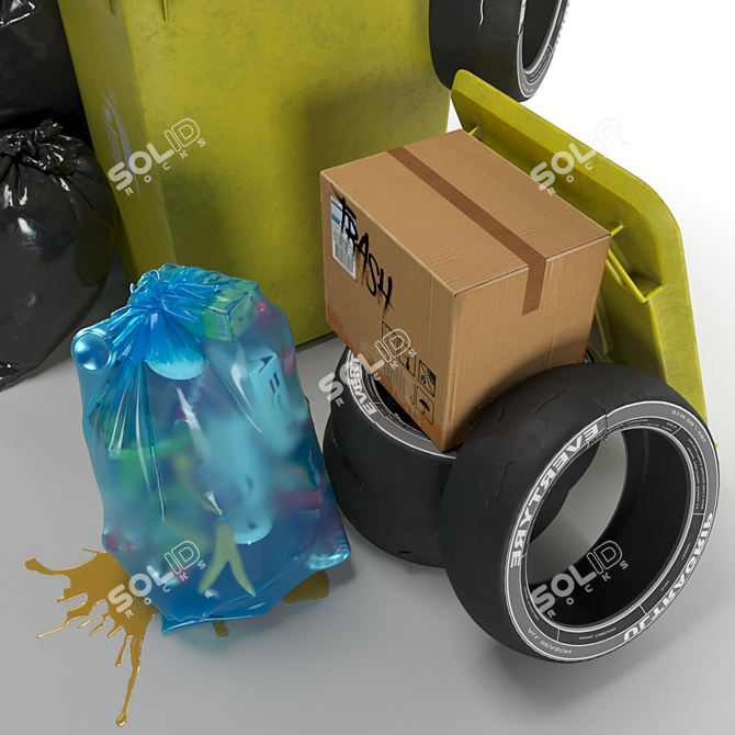 3-Piece Garbage Set: Bag, Bin & Trashes 3D model image 2