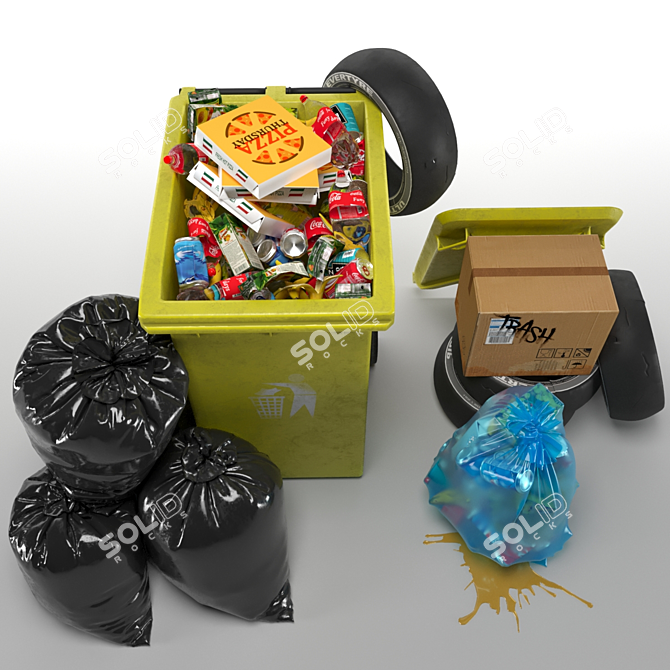 3-Piece Garbage Set: Bag, Bin & Trashes 3D model image 3