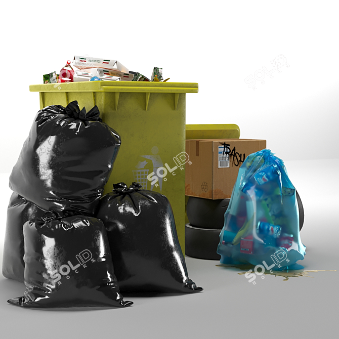 3-Piece Garbage Set: Bag, Bin & Trashes 3D model image 4