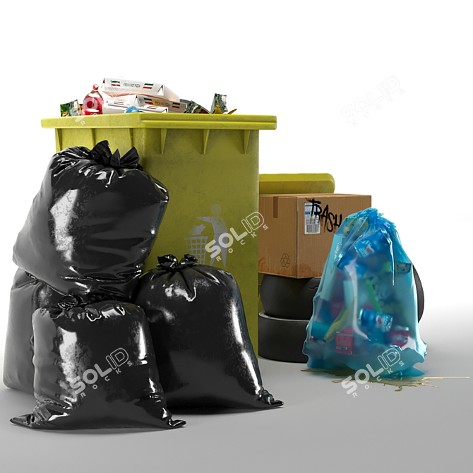 3-Piece Garbage Set: Bag, Bin & Trashes 3D model image 9