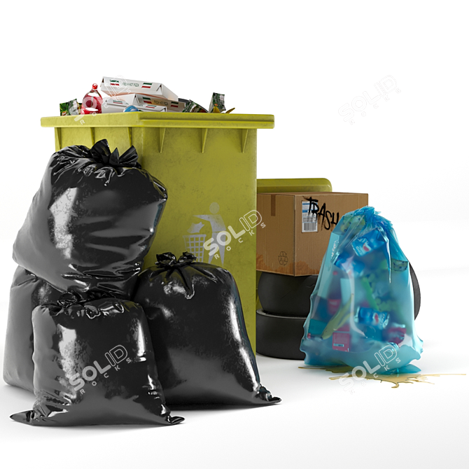 3-Piece Garbage Set: Bag, Bin & Trashes 3D model image 14