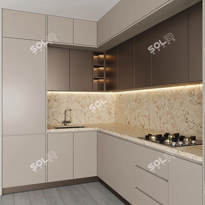 Modern Kitchen 028: Gas Hob, Sink, Oven & Hood 3D model image 2
