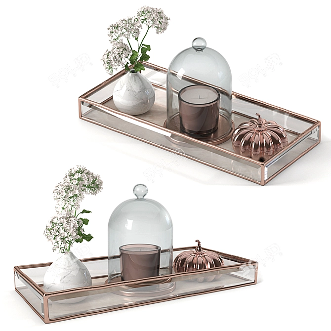 Rose Gold Table Set: Modern Glass Tray + Accessories 3D model image 1