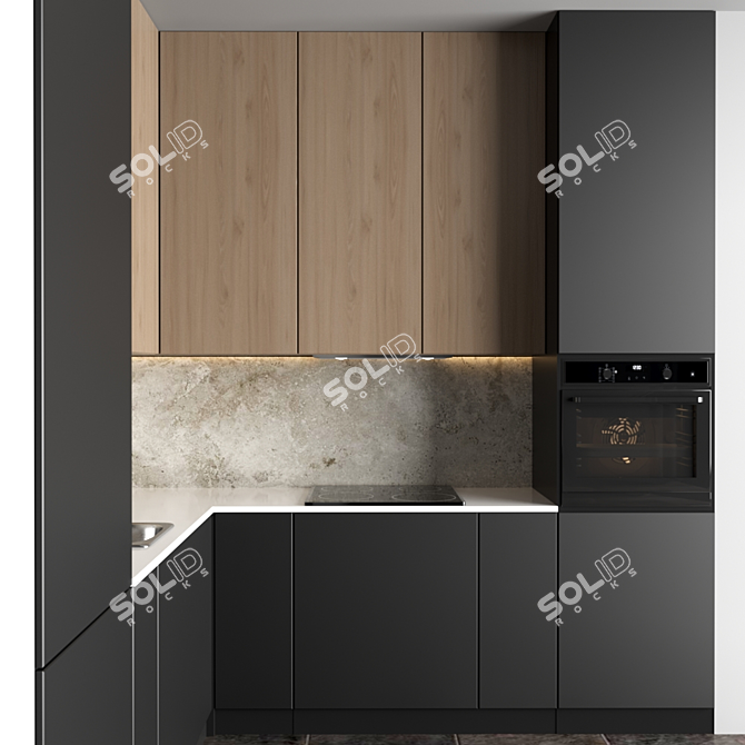 Modular Kitchen Set with Gas Hob, Sink, Oven & Hood 3D model image 3