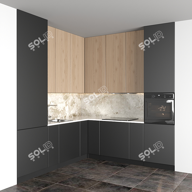 Modular Kitchen Set with Gas Hob, Sink, Oven & Hood 3D model image 1