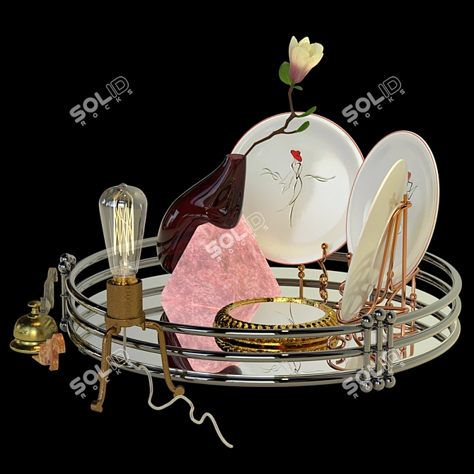 Elegant Decor Set: Tray, Plates, Vase Stand, Bell 3D model image 2