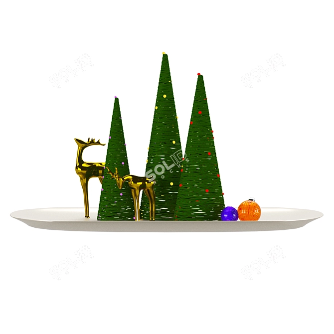 Christmas Harmony: Tree, Deer Figurine, Glass Toy, Balls, Plate 3D model image 1