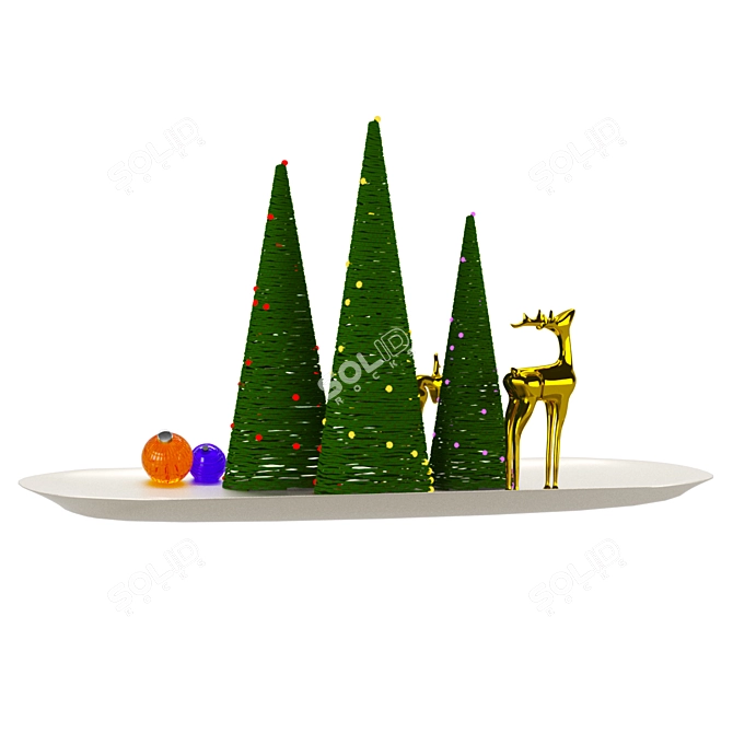 Christmas Harmony: Tree, Deer Figurine, Glass Toy, Balls, Plate 3D model image 2