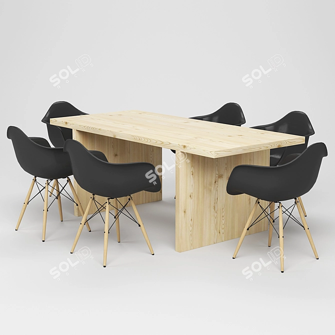 Modern Dining Table Set - Orange Molded Plastic, Black Wood Legs 3D model image 1