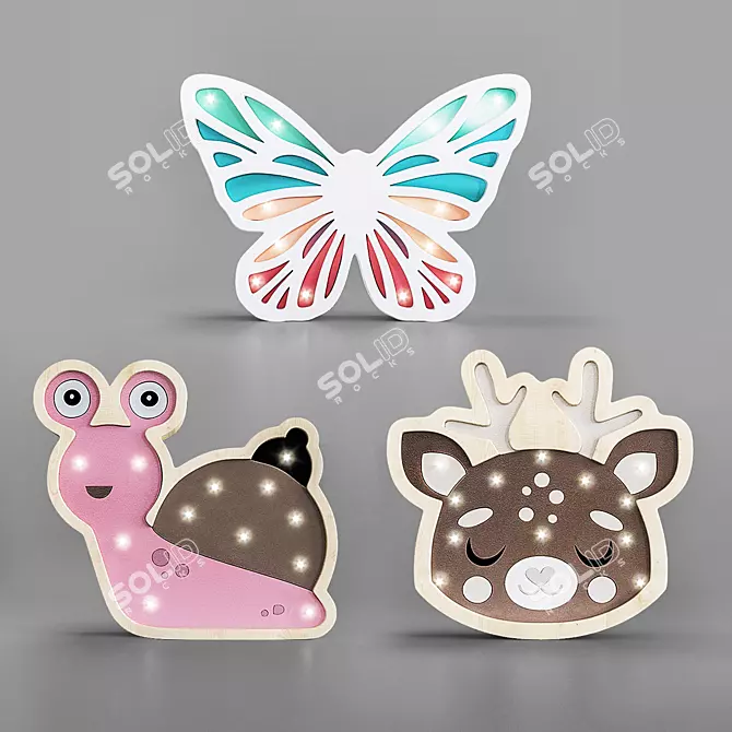 Wooden Animal Nightlights: Butterfly, Snail, Fawn 3D model image 1